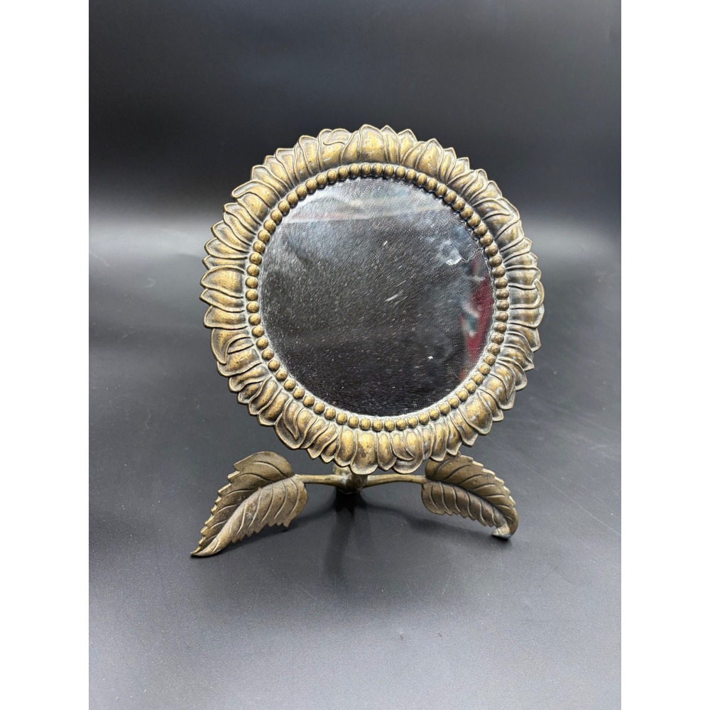 Andrea by Sadek Vintage Brass Sunflower Tabletop Vanity Mirror Leaf Base